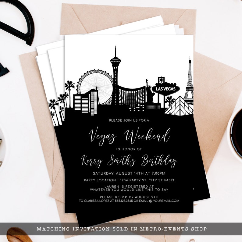 Vegas Baby! This black-and-white invitation is created with a silhouette of the Las Vegas Skyline. Perfect for your Vegas vacation. Designed By MetroEvents.