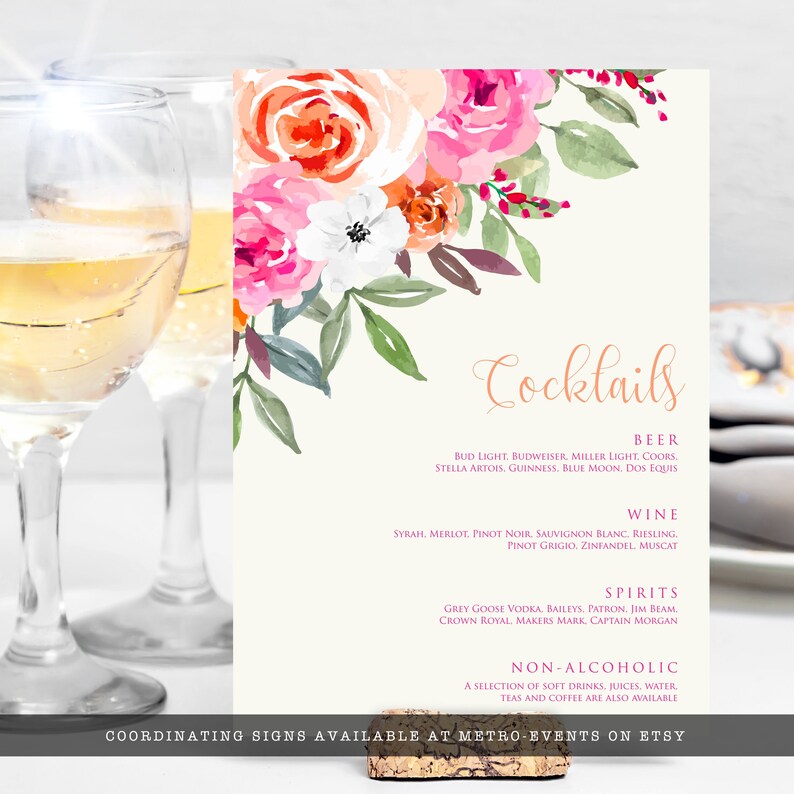 May include: A cream-coloured cocktail menu featuring watercolour floral accents in pink, orange, and white. The menu lists beer, wine, spirits, and non-alcoholic drinks. The word "Cocktails" is written in a cursive font.