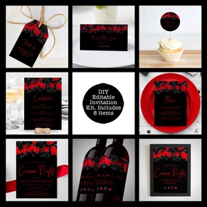Casino night party kit designed with hearts, diamonds, clubs, and spades framing the top in red and black. Designed By MetroEvents.