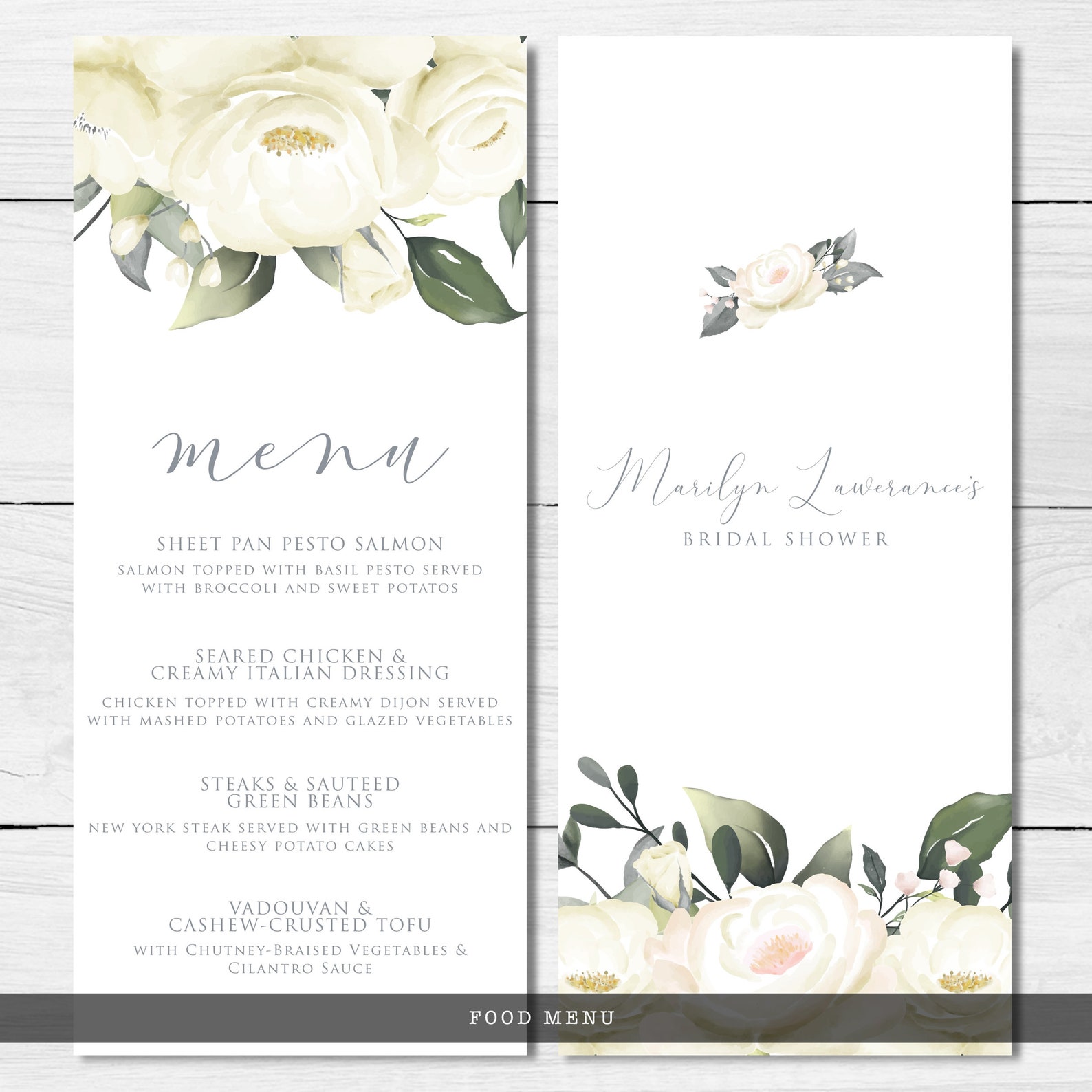 White Rose Food Menu Floral Dinner Menu Food Menu Dinner Etsy