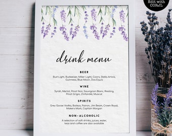 Printable Lavender Drink Menu Signs, Country Lavender Menu Template, Drink Menu Sign, Editable Bar Signs, Instant Download