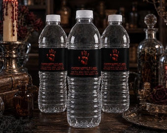 Bloody Handprint Halloween Water Bottle Labels, Editable Horror Party Drink Wrapper, Corjl Template