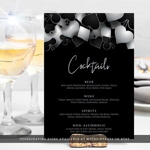 printable bar menu with Customizable Corjl Template Silver and Black Casino Night with Hearts Spades Clubs Diamonds Perfect for Birthday Party Favors and Decorations