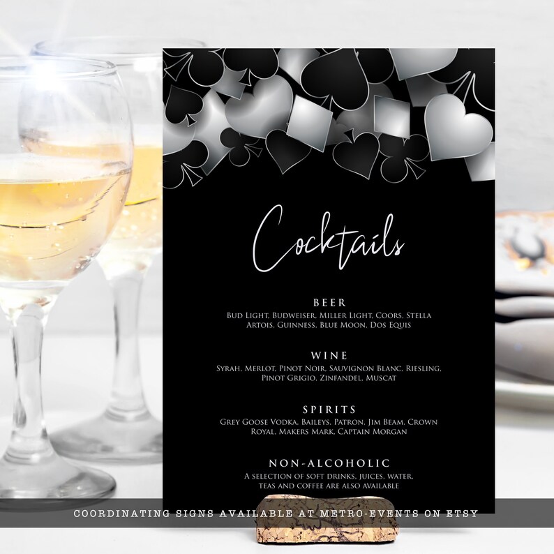 printable bar menu with Customizable Corjl Template Silver and Black Casino Night with Hearts Spades Clubs Diamonds Perfect for Birthday Party Favors and Decorations