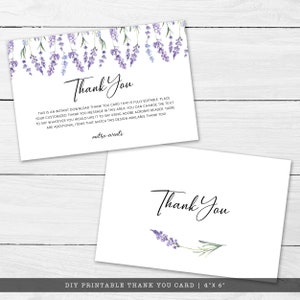 May include: Two white 4" x 6" thank you cards featuring watercolor lavender illustrations. The top card displays a lavender border and text reading "Thank You" followed by instructions for editing. The bottom card features a single lavender sprig and "Thank You" text.