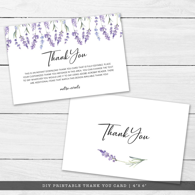 May include: Two white 4" x 6" thank you cards featuring watercolor lavender illustrations. The top card displays a lavender border and text reading "Thank You" followed by instructions for editing. The bottom card features a single lavender sprig and "Thank You" text.