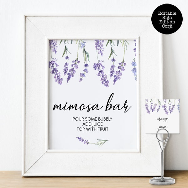 Mimosa Bar Sign and Tags, Mimosa Bar Tags, Country Lavender Sign Template, Printable Mimosa Sign, Editable Signs, Instant Download, Bar Sign