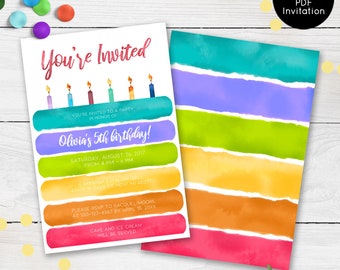Rainbow Birthday Cake Invitation, Cake Invitation For Girls, Printable Invitation, Instant Download, Party Invitation, Birthday Invite