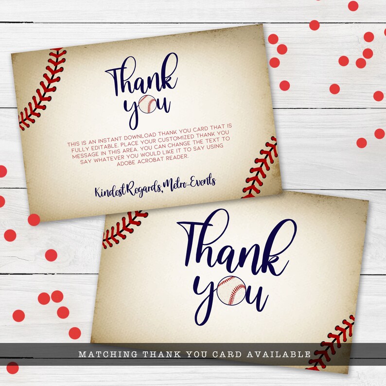 Vintage Baseball Thank You Cards. Created with a vintage texture background accented with baseball laces. Designed by MetroEvents.