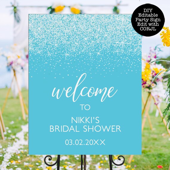 Aqua Welcome Signs, Glitter Bridal Shower, Printable Party Sign, Instant Download, Glam Welcome Sign, Corjl Template, Custom Glitter Sign Il_570xn