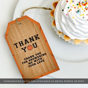 Basketball-themed favor tags. Featuring a basketball court and ball background accented with a basketball and customizable typography. Designed By MetroEvents