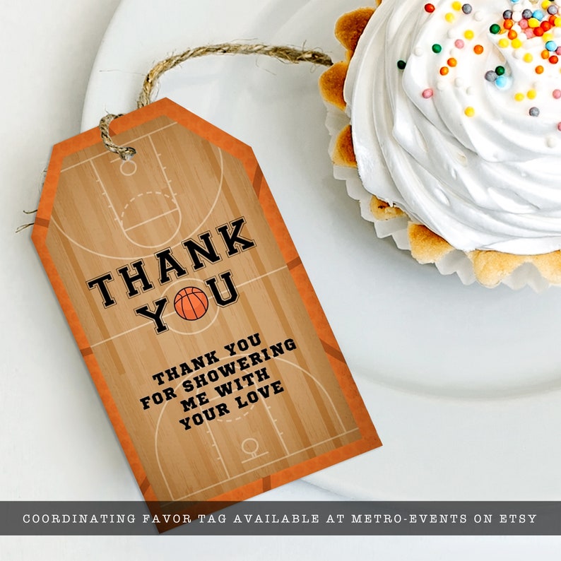 Basketball-themed favor tags. Featuring a basketball court and ball background accented with a basketball and customizable typography. Designed By MetroEvents