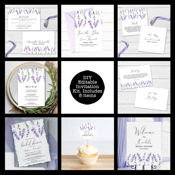 Country Lavender Bridal Invitation Bundle, Purple Floral Thank You Cards, Lavender Enclosure Cards, Corjl Template, Lavender Invitation Kit Il_570xn