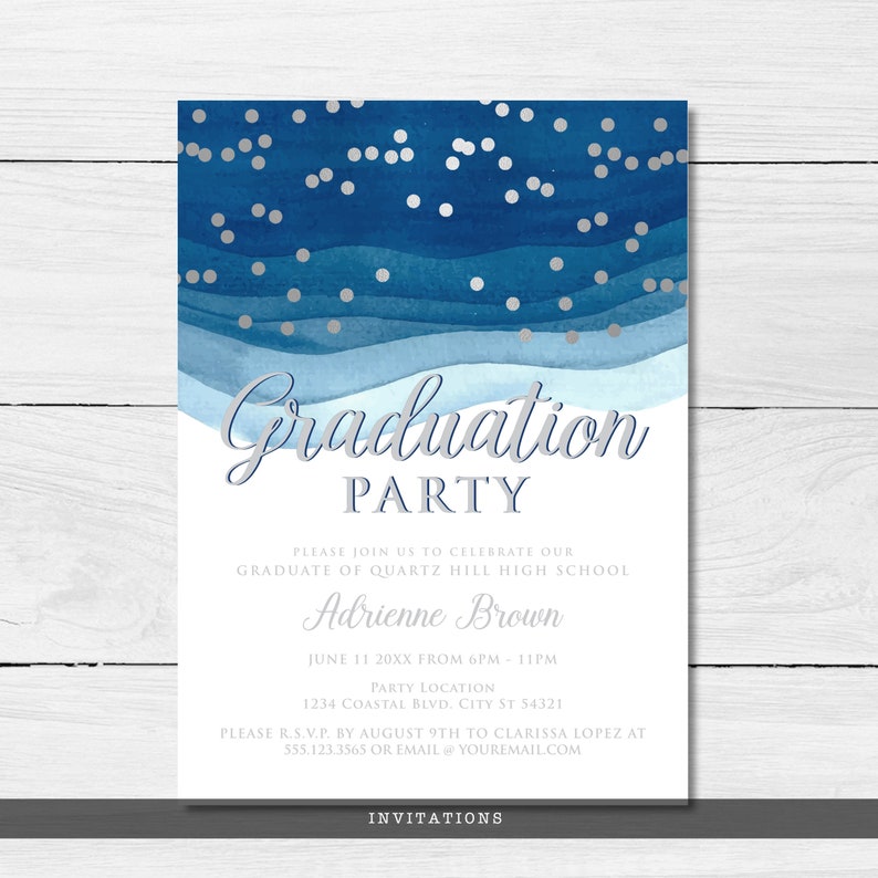 May include: A graduation party invitation with a watercolor design in shades of blue and silver confetti. The invitation includes the text "Graduation Party" and details for the event, including the graduate's name, date, time, and location.