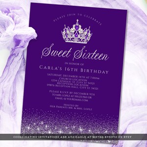 May include: Purple invitation with silver glitter for a Sweet Sixteen birthday party. The invitation features a silver crown with purple jewels and the text "Please join to celebrate Sweet Sixteen in honor of Carla's 16th Birthday". The invitation includes the date, time, and location of the event. It also includes the contact information for the host.