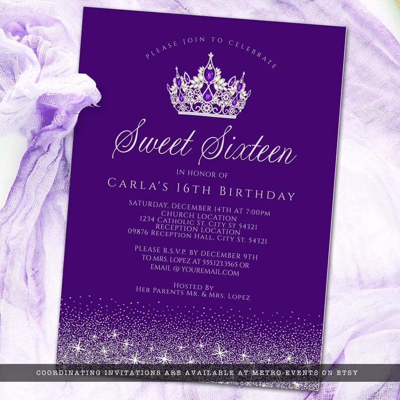 May include: Purple invitation with silver glitter for a Sweet Sixteen birthday party. The invitation features a silver crown with purple jewels and the text "Please join to celebrate Sweet Sixteen in honor of Carla's 16th Birthday". The invitation includes the date, time, and location of the event. It also includes the contact information for the host.