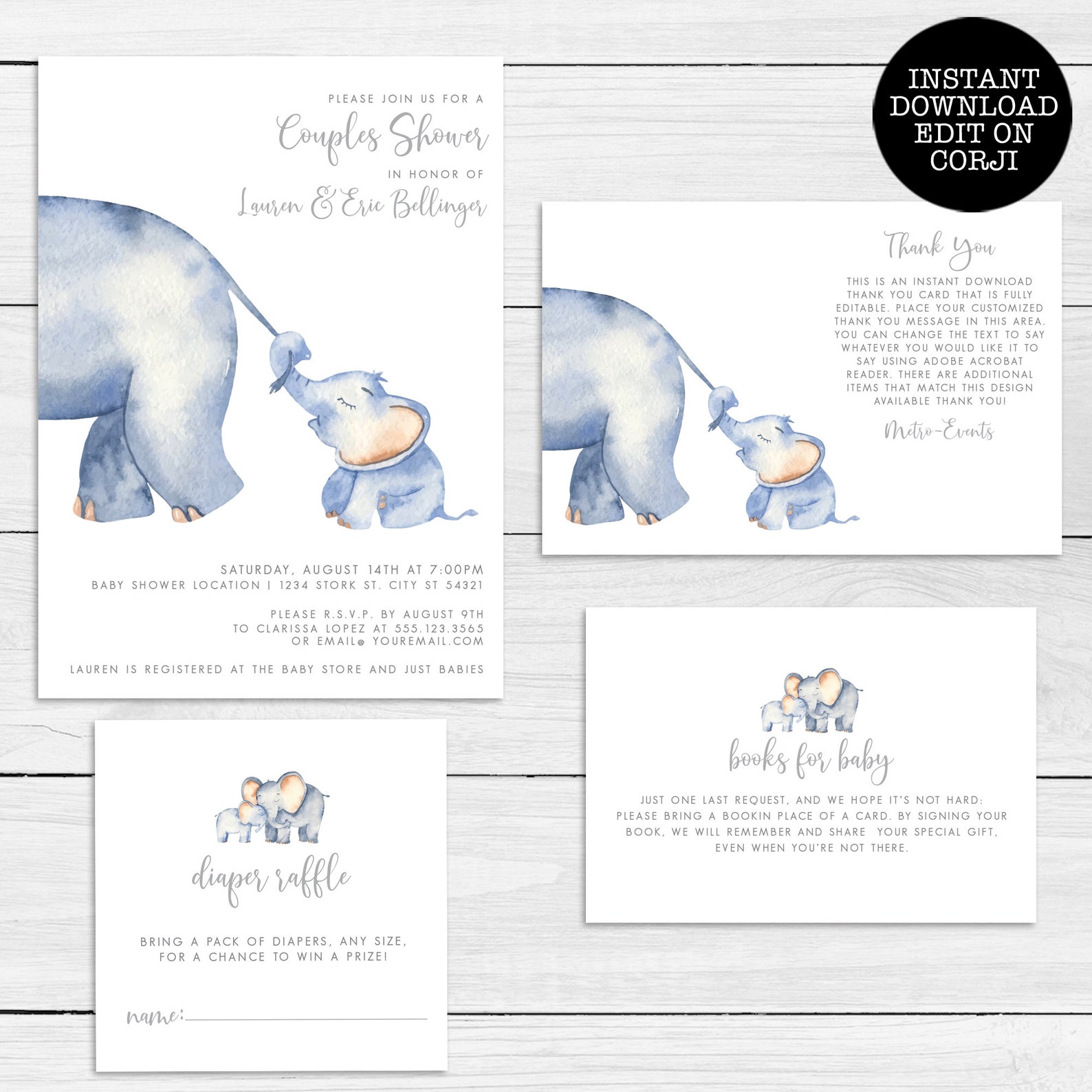 Elephant Baby Shower Invitations Set Baby Shower Invitation Etsy
