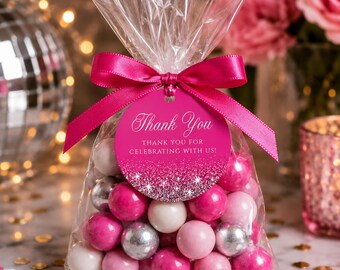 Hot Pink Silver Glitter Thank You Favor Tag Template, Printable Party Favor Tags, Birthday Favor Tag, Baby Shower Favor Sticker