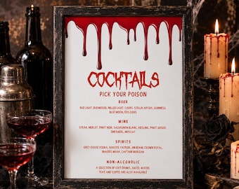 Bloody Handprint Halloween Bar Sign, Editable Cocktail Menu, Pick Your Poison Corjl Template