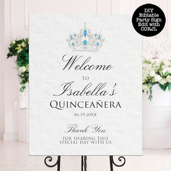 Quinceanera Welcome Sign, Beautiful Blue Quince Sign, Printable Sign, Custom Welcome Sign, Editable Welcome Sign, Instant download Il_570xn