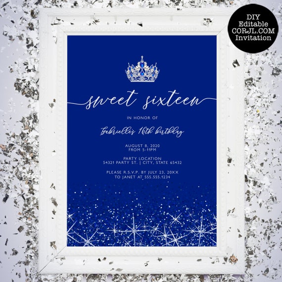 Royal Blue Glitter and Tiara Sweet Sixteen Party Invitation, Sweet 16 Birthday Invitations, Printable Sweet 16 Invitations, Corjl Template Il_570xn