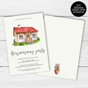 May include: A housewarming party invitation with a watercolor illustration of a house with a red roof and a small flower pot. The text reads "Housewarming party" and includes event details and RSVP information. The back of the invitation has a small flower pot.