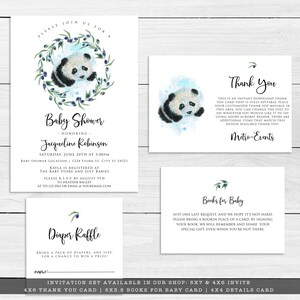 May include: A baby shower invitation set featuring a watercolor panda bear design. The set includes invitations, thank you cards, diaper raffle cards, and a book request card. The text includes the baby shower details and RSVP information.