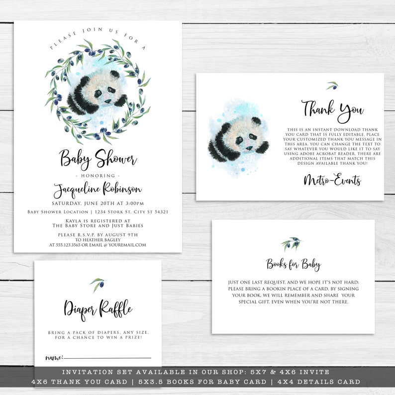 May include: A baby shower invitation set featuring a watercolor panda bear design. The set includes invitations, thank you cards, diaper raffle cards, and a book request card. The text includes the baby shower details and RSVP information.