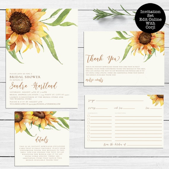 Sunflower Bridal Shower Invitation Set, Printable Invitations, Editable