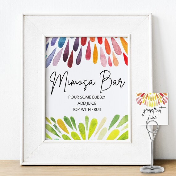 Rainbow Mimosa Bar Sign and Tags, Watercolor Rainbow Sign Template, Printable Sign, Editable Signs, Instant Download, Mimosa Bar Tags Il_570xn