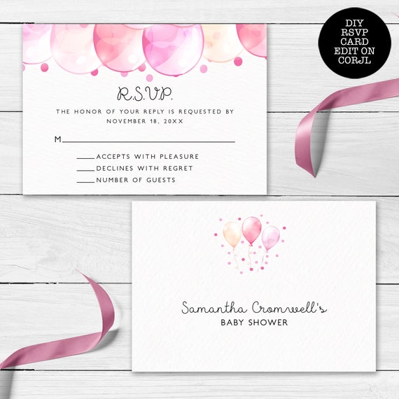 Pink Balloon rsvp card Baby Girl RSVP Card RSVP Card Template RSVP Baby ...