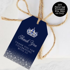 Navy & Silver Glitter Favor Tags: Crown Thank You (Corjl Template)