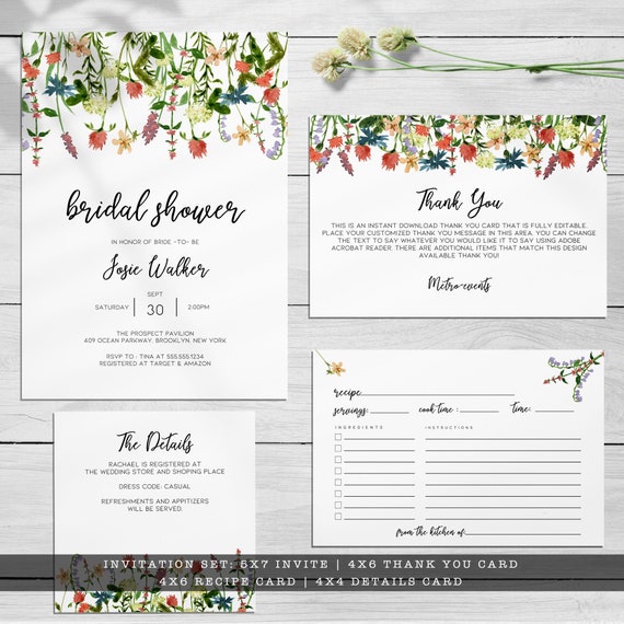 Botanical Floral Bridal Shower Invitations Set | Invitation | Thank You Card | Enclosure Card | Recipe Card Il_570xn