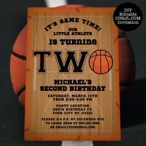 Basketball-themed second birthday invitations. Featuring a basketball court and ball background accented with a basketball and customizable typography. Designed By MetroEvents