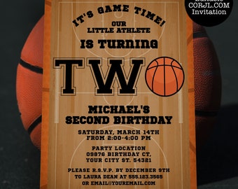 Basketball Second Birthday Invitation, Sports Birthday Invite, Boys Party Invitations, Basketball Theme, Printable Invitations, 2nd Birthday