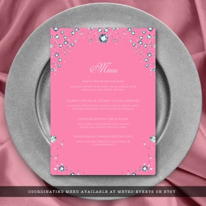 May include: Pink menu card with a diamond pattern border. The menu includes options for sheet pan pesto salmon, seared chicken with creamy Italian dressing, steaks and sauteed green beans, and vadouvan and cashew-crusted tofu. The text "COORDINATING MENU AVAILABLE AT METRO-EVENTS ON ETSY" is at the bottom of the card.