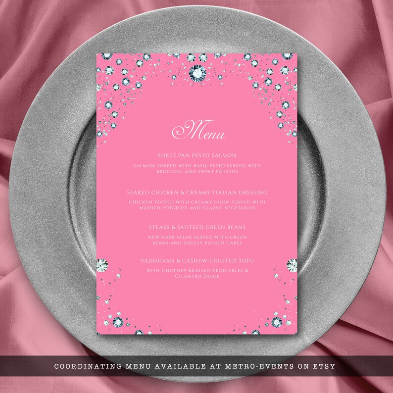 May include: Pink menu card with a diamond pattern border. The menu includes options for sheet pan pesto salmon, seared chicken with creamy Italian dressing, steaks and sauteed green beans, and vadouvan and cashew-crusted tofu. The text "COORDINATING MENU AVAILABLE AT METRO-EVENTS ON ETSY" is at the bottom of the card.