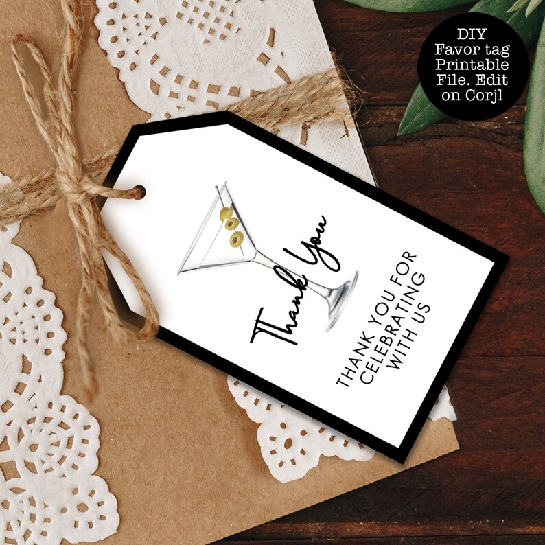 Black and White Cocktail Favor Tags. Sleek and fun style invitation designed with a martini glass with olives. Designed By MetroEvents