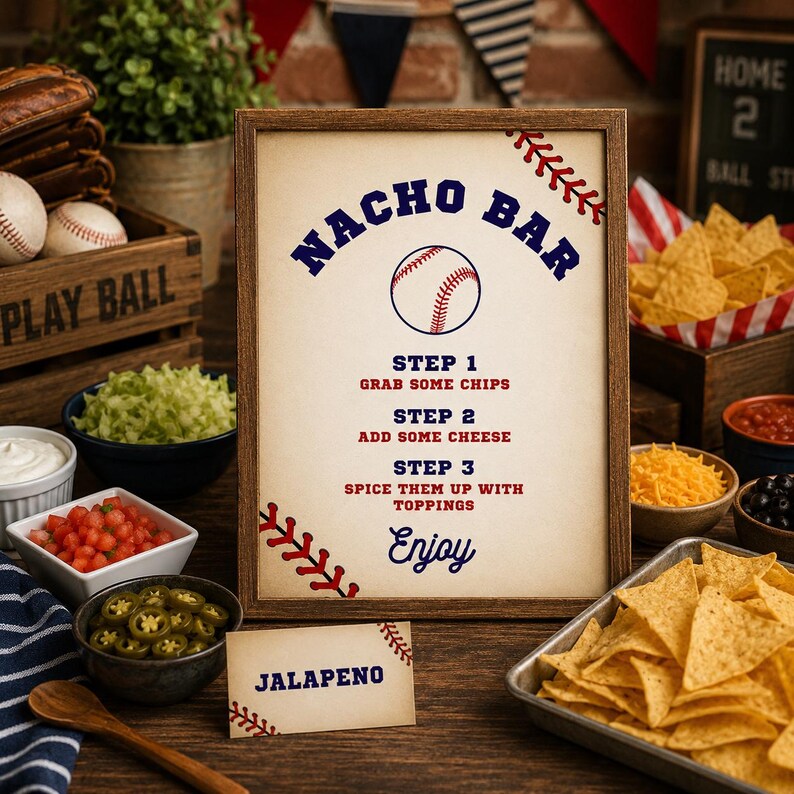 Puede incluir: Un letrero enmarcado con fondo crema y borde de madera oscura que presenta el texto NACHO BAR, gr&aacute;ficos de b&eacute;isbol e instrucciones: STEP 1 GRAB SOME CHIPS, STEP 2 ADD SOME CHEESE, STEP 3 SPICE THEM UP WITH TOPPINGS, y Enjoy.