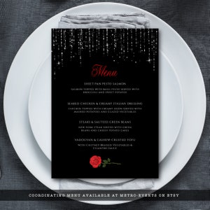 Editable Dinner Menu For sweet 16 parties or Quinceanera features silver sparkles falling from the top of a black background with red rose accents. Designed By MetroEvents.