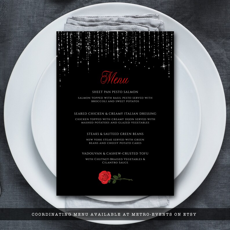 Editable Dinner Menu For sweet 16 parties or Quinceanera features silver sparkles falling from the top of a black background with red rose accents. Designed By MetroEvents.