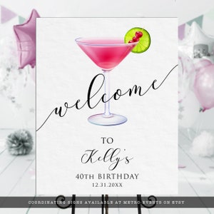 Pu&ograve; includere: Un cartello di benvenuto per una festa di compleanno di 40 anni con un'illustrazione di un bicchiere di martini rosa e il testo "welcome to Kelly's 40th Birthday 12.31.20XX".