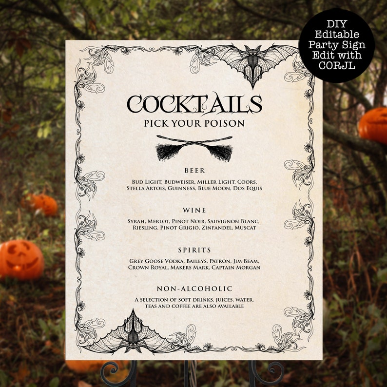 Vintage Witch Halloween Bar Menu. Let's get WICKED! Nothing says Halloween like a witch hat and broomsticks, this party theme features both with a lightly textured background and vintage accents. Designed By MetroEvents