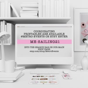 K&ouml;nnte beinhalten: Ein Computerbildschirm zeigt ein pinkfarbenes Banner mit dem Text "COORDINATING PRINTABLES ARE AVAILABLE @METRO-EVENTS ON ETSY ENTER ME-SAILING21" und dem Text "INTO THE SEARCH BAR ON OUR MAIN SHOP PAGE: etsy.com/shop/MetroEvents".