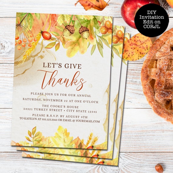 Give Thanks Invitations, Fall Template, Printable Invitation, Dinner Invitation, Thanksgiving Dinner, Fall Invitations, Edit with CORJL Il_570xn
