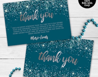 Teal Glitter Thank You Cards, Custom Thank You Cards, Glitter Thank You Cards, Thank You Notes, Editable Card, Printable Thank You Card