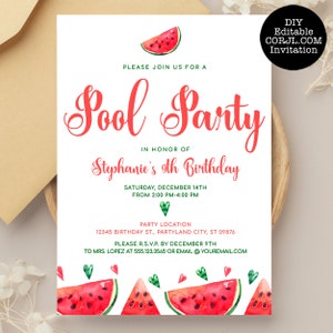 Editable Fun Watermelon Birthday Invitation - Pool Party Birthday Invitation Customizable on Corjl - Printable DIY Invitation, Kids Party