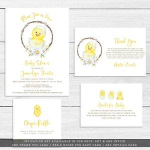 May include: A baby shower invitation set featuring a watercolor illustration of a yellow chick hatching from an egg, surrounded by daisies. The set includes invitations, thank you cards, and a diaper raffle card. The text reads "Baby Shower" and "Books for Baby".