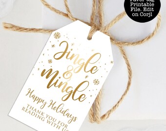 Editable Christmas Gift Tags, Jingle and Mingle Favor Tags, Printable Gold Holiday Favor Tags, Christmas Tag Template, Printable Gift Tags