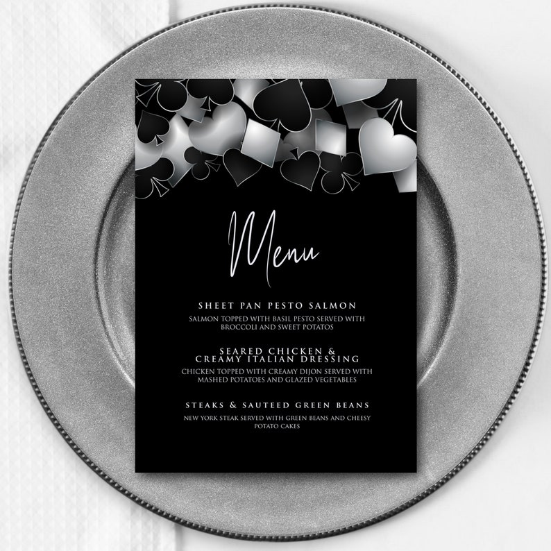 printable dinner menu with Customizable Corjl Template Silver and Black Casino Night with Hearts Spades Clubs Diamonds Perfect for Birthday Party Favors and Decorations